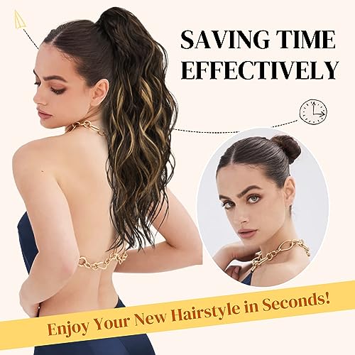 LONAI Ponytail Extension, 18" Wavy Claw Clip Ponytail Extensions Shoulder Length Curly Wavy Claw Clip in Pony tail Hair Extensions Pony tails Hairpieces-Dark Blonde with Blonde Highlights