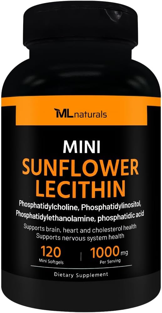 Mini Sunflower Lecithin 120 Softgels. Phosphatidylcholine, Phosphatidylinositol, Phosphatidylthanolamine, Phosphatidic Acid. Supports Brain Health.