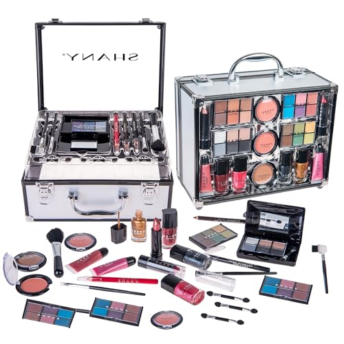 SHANY Carry All Trunk Makeup Train Case with Re-usable Aluminum Beauty Storage Organizer Case. Make up Set with Eye palettes, Blushes,Face Powders, Manicure, Pedicure and Cosmetics Brushes.