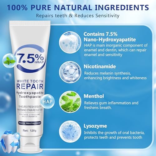 7.5% Hydroxyapatite Toothpaste, Enamel Repair Protection, Tooth Strengthening Whitening Nano Hydroxyapatite, Fluoride-Free Safe for Sensitive Teeth, Natural Peppermint Fresh Breath & Antiplaque 3pcs