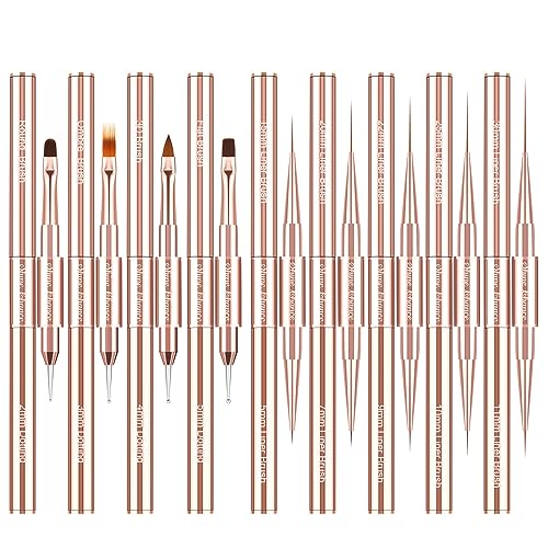9Pcs Nail Art Brushes Set, Professional Double-Ended Acrylic Liner Detail Brushes for Gel Polish Art Nail, 3D Art Nail Dotting Brush Pen for Manicure DIY Home Salon, Rosegold