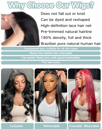 Amyes 30 Inch Straight Lace Front Wigs Human Hair 13x4 HD Lace Front Wig Pre Plucked 200 Density Glueless Wigs for Black Women Synthetic Mixed with Human Hair Wigs （Natural Black）