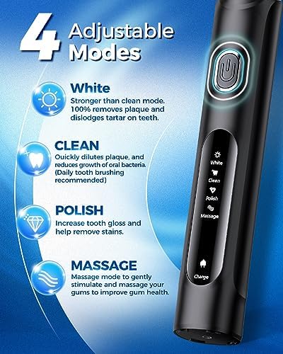 Rotating Electric Toothbrush for Adults with 8 Brush Heads (2 Types), 4 Modes Deep Clean Electric Toothbrush with Rechargeable Power and 2 Min Smart Timer (1- Black, p1)