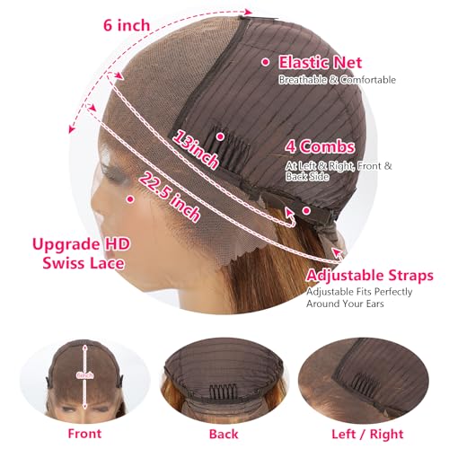 30 Inch 13x6 Lace Front Wigs Human Hair Honey Blonde Body Wave HD Lace Front Wigs 200 Density Ombre Highlight Human Hair Wig Pre Plucked with Baby Hair P4/27 Colored Lace Front Wigs for Women