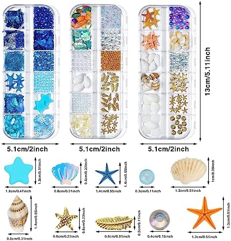 3 Boxes 3D Mixed Ocean Theme Nail Art Rhinestones Accessories Summer Beach Shell Starfish Conch Sea Series Sequin Nail Art Charms with Tweezers for DIY Nail Art Designs Manicure Decoration