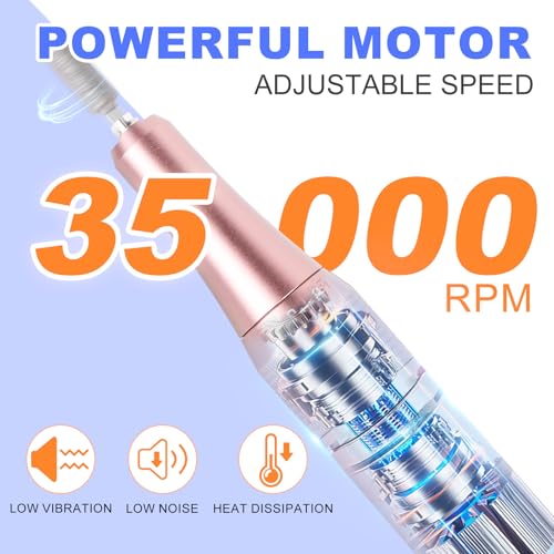 MEKK Nail Drill,35000RPM Cordless Nail Drill Professional Electric Nail File with 12PCS Bits,Anti-Shaking Rechargeable E File Kit for Acrylic Nails,Home & Salon(Orange Blue)