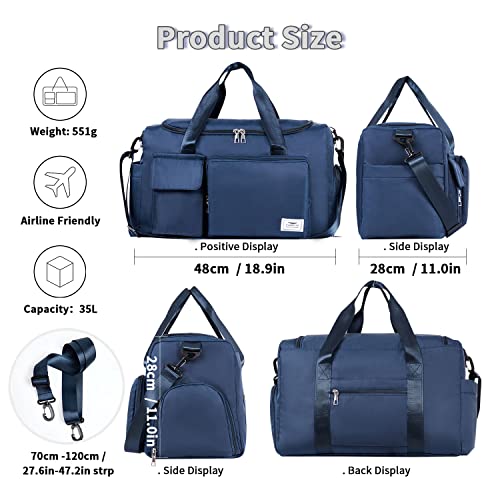 FIORETTO Women's Water-Resistant Gym Duffle Bag with Shoes Compartment, 37L Capacity, Multi-Functional, Ideal for Travel, Gym, Sports, Weekender, Navy Blue
