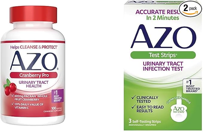 AZO Cranberry Pro Urinary Tract Health Supplement 600mg PACRAN, 1 Serving = More Than 1 Glass of Cranberry Juice 100 CT + Urinary Tract Infection (UTI) Test Strips, Accurate Results in 2 Minutes, 3 CT