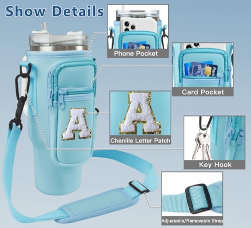 Aganmi Initial Water Bottle Carrier Bag with Phone Pocket for Stanley 40Oz Cup Accessories,Water Bottle Holder with Shoulder Strap Christmas Birthday Gifts for Family Friend Girlfriend (Cream T)