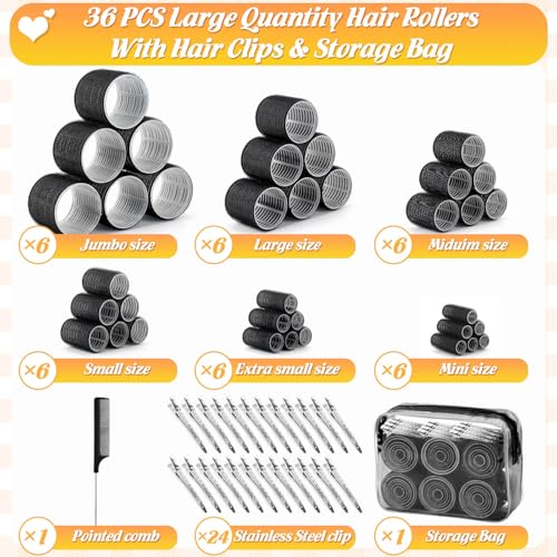 6 Size Hair Rollers for Women, 62 Pcs Rollers Hair Curlers for Long Medium Short Hair, Large Medium Small Self Grip Hair Rollers with 36 Rollers 24 Stainless steel Clips 1 Storage Bag