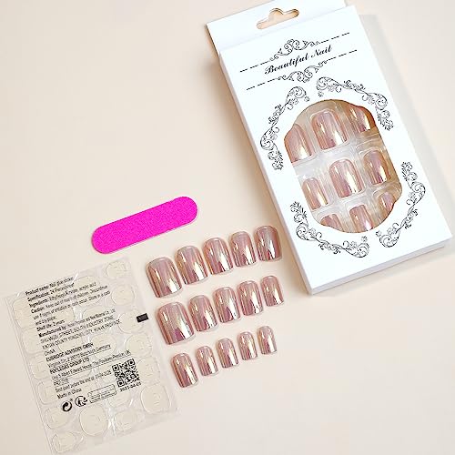 Press on Nails Short Square Acrylic Fake Nails with Apricot Design Full Cover False Nails Glossy Nude Glue on Nails Artificial Stick on Nails for Women 24Pcs (Lady Pink)