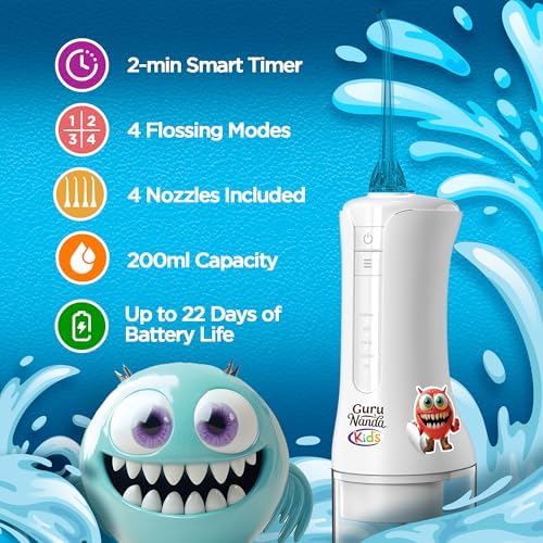 GuruNanda Kids Water Dental Flosser - 4 Flossing Modes, 4 Nozzles, 2-Min Smart Timer, Ages 6+, Monster Frens Theme, Portable Oral Care for Kids