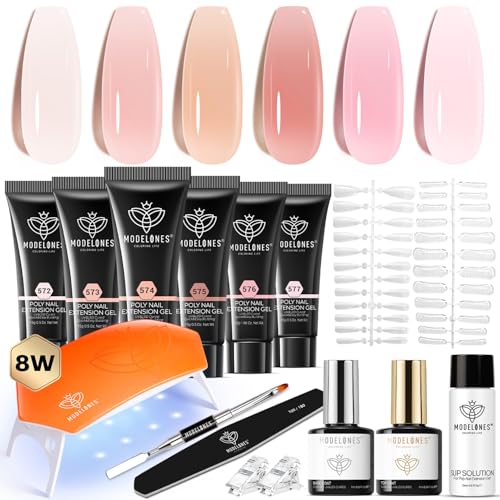 modelones Poly Gel Nail Kit 6 Colors with 8 W Nail Lamp Extension Gel Kit Jelly Milky White Pink Nude Complete Tools Beginner Thickening Solutions DIY at Home for Women