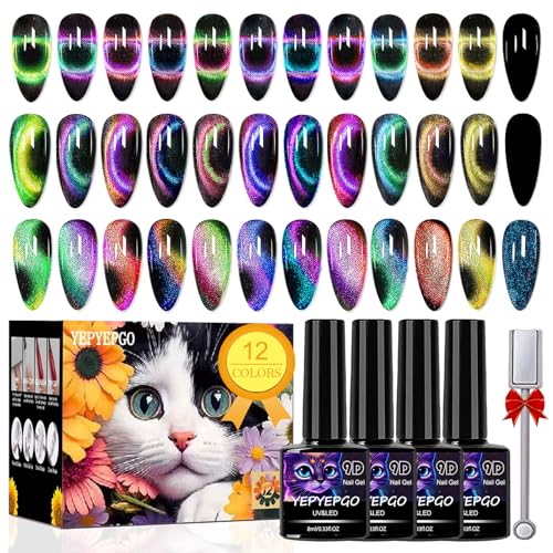 9D Cat Eye Gel Nail Polish Set 12 Colors, Cat Eye Gel Polish with Magnet, Magnetic Cateye Chameleon Galaxy Effects Professional Use for Salon