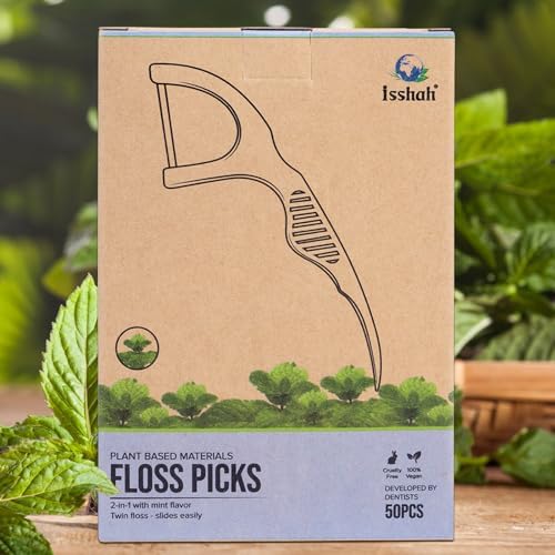 Natural Dental Floss Picks (300 Count) - Kraft Paper Box Packaging, Plant Based, PETA Approved Vegan, Eco Friendly, Sustainable Dental Flossers - Twin Floss (Mint)