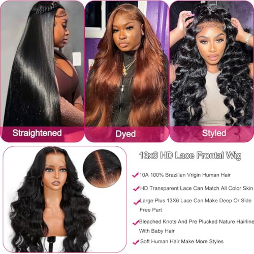 30 Inch 13x6 Lace Front Wigs Human Hair 200 Density Body Wave HD Lace Front Wigs Human Hair Pre Plucked with Baby Hair Natural Color Glueless Frontal Wig for Women 100% Brazilian Virgin Human Hair