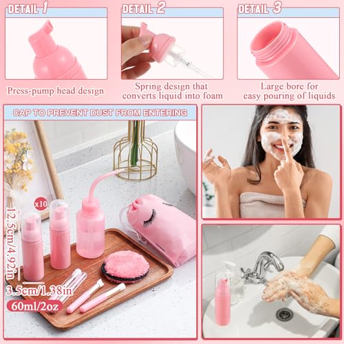 60 Pcs Lash Shampoo Brushes Set 10 Lash Shampoo Brushes 10 Mascara Tubes and Wands 10 Foam Pump Bottle 10 Cleaning Rinse Bottles 10 Makeup Remover Pad 10 Aftercare Drawstring Bag(Pink)