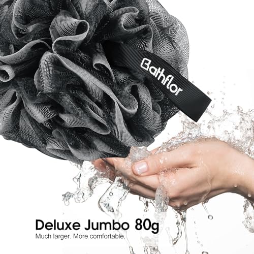 Loofah Sponge Exfoliating Body Scrubber: 4PCS Extra Large 80g Shower Loofahs Poufs, 1PCS Long Handle Loofa Back Scrubber, 1PCS Luffa Hook, Charcoal Loofah Pack for Women Men Bath Wash, Black