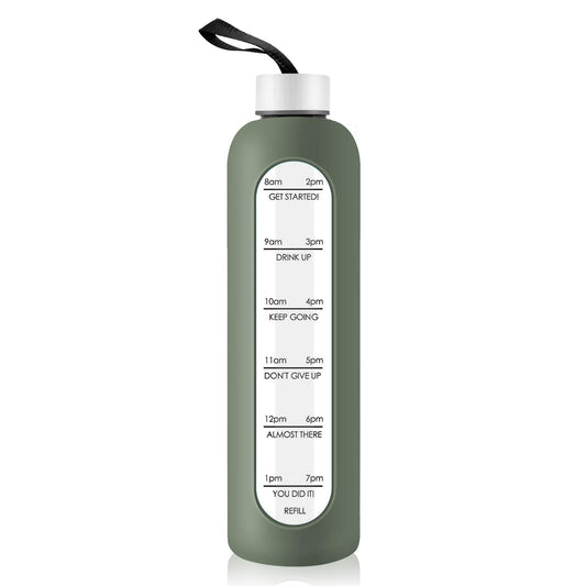 1 Liter Glass Water Bottle with Stainless Steel Lid - 1000ml Sports Drinking Bottle with Time Marker, Reusable Shatterproof Silicone Case for Fitness Gym Outdoor Travel Workout (Olive)