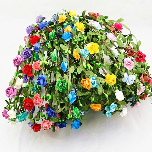 15 Pack Assorted Colored Rose Flower Crown Headband Garland Multicolor Headbands Wreath Floral Bohemian Headpiece for Vacation Fairy Party Wedding Festival