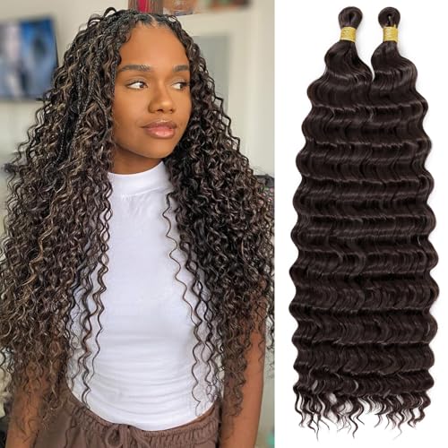 Eerya Long Curly Braiding Hair 18 Inch 2 Packs Dark Brown Ocean Wave Crochet Hair for Black Women Deep Wave Braiding Hair for Boho Braids (18 inch, #4)