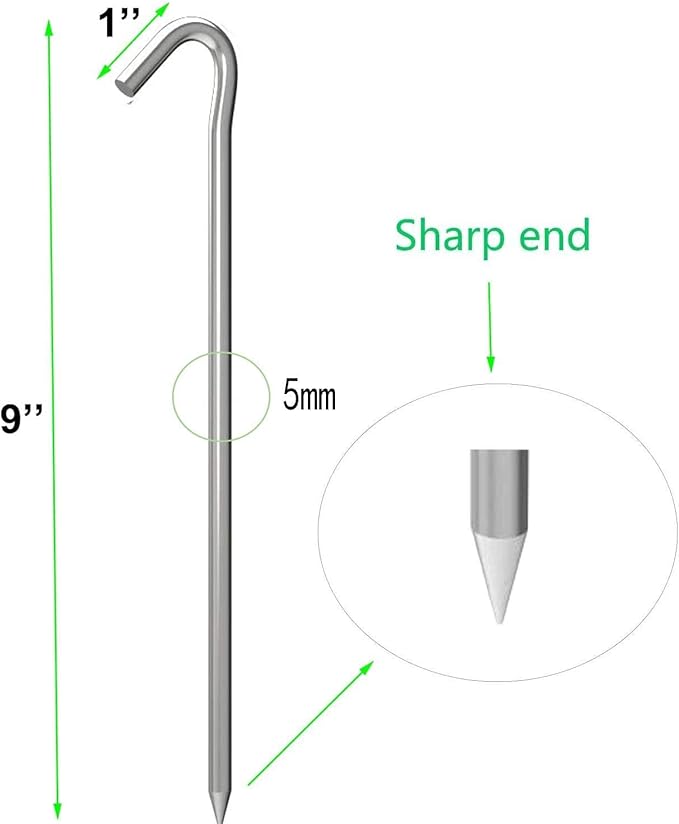 9 Inch Galvanized Tent Stakes Metal Tent Pegs Heavy Duty Steel Yard Camping Stakes Tarp Hooks Inflatables Outdoor Decorations, 8 Pack