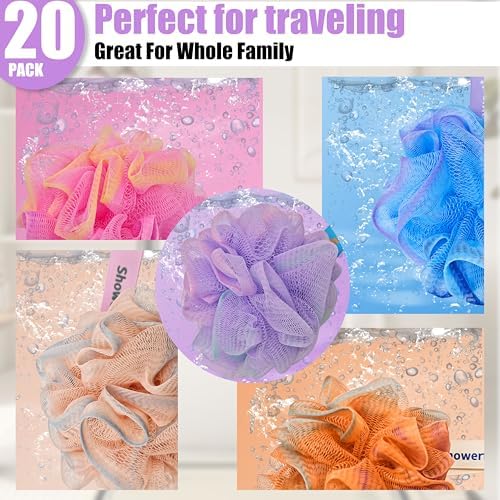 20 Pack Mini Shower Loofah Bath Sponge 20G, Soft Travel Size Nylon Mesh Puff for Body Wash, Loofah Shower Exfoliating Scrubber Pouf for Women and Men, Full Cleanse, Beauty Bathing Accessories
