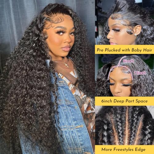 28 Inch 13x6 Deep Wave Lace Front Wigs Human Hair Deep Wave Frontal Wig 13x6 HD Lace Front Wigs Human Hair Pre Plucked 180 Density Glueless Virgin Deep Wave Wig for Women Natural Color