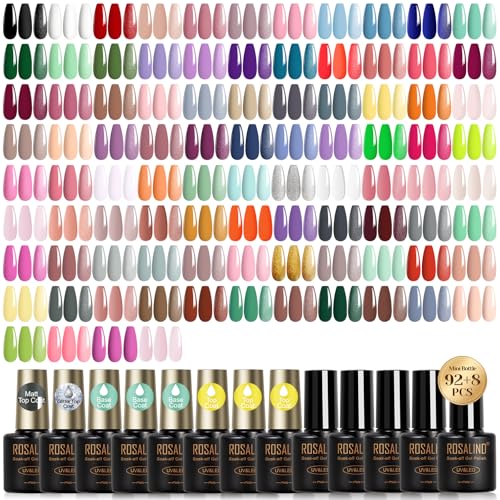 ROSALIND 100PCS Gel Nail Polish Set, 92 PCS Colors Gel Polish Set with 8 Bottles of Base and Glossy Matte Top Coat Starter Nail Set Suitable for All Seasons Gift for Women
