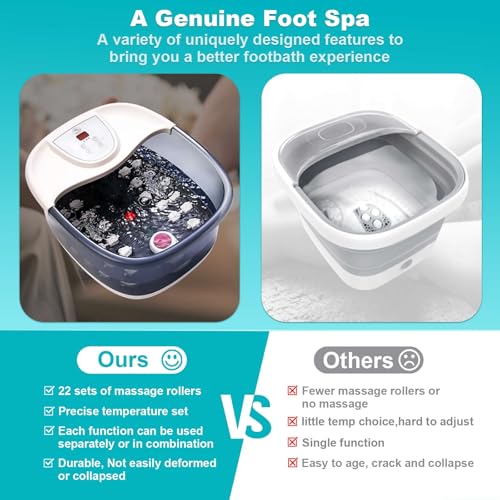 Foot Spa Bath Massager with Heat [2025 Upgraded], Vibration, Temperature Control, Jets, Bubbles, Epsom Salt, Feet Massager with 22 Massage Rollers, Foot Bath for Relaxation, Large, Grey