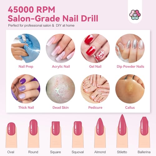 SAVILAND Electric Nail Drill Professional : 45000 RPM Pro Electric Nail File for Acrylic Nails Gel Polishing Removing, Portable Nail Drill for Manicure Pedicure, Nail Kit for Salon Nail Tech Must Have