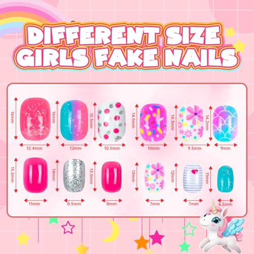 144 Pieces 6 Pack Kids Press on Nails Artificial Fake Nails for Kids Girls Pre Glue Full Cover Short Acrylic False Nail Tips Art Kits Gifts for Girls Nail Art Decoration (Gradient Pattern)