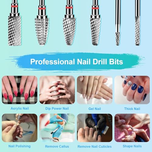 6Pcs Nail Drill Bits Set Professional, 3/32'' Electric Nail Drill Bits for Acrylic Gel Nails, Cuticle Nail Drill Bit Quick Gel Polish Remover Manicure Pedicure Tools with Cleaning Brush (Red)