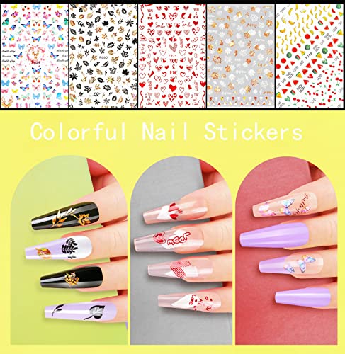 Teenitor 12 Sheets Nail Art Sticker Self-Adhesive, Flower Nail Stickers 5D Embossed Nail Decals, 5 Boxes Nail Glitter Sequins Flakes, Nail Art Design Tools Self Adhesive