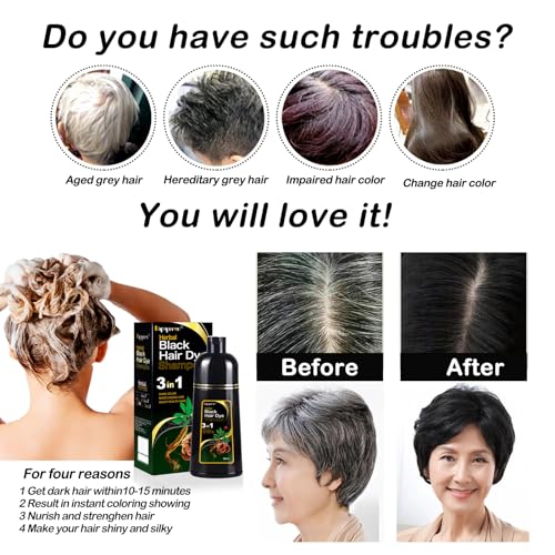 Black Hair Dye Shampoo 3 in 1, Natural Dye to Cover Gray Hairs,Hair Color Shampoo for Women and Men,Herbal Ingredient Shampoos for Grey Hairs Coverage-500ml/17 Oz
