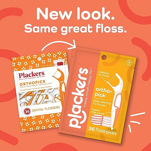 Plackers Orthopick Floss Picks, Unflavored, Designed for Braces, Fold-Out FlipPick, Tuffloss, Easy Storage with Sure-Zip Seal, 36 Count (4 Pack)