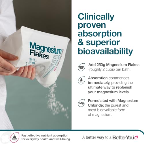 BetterYou Magnesium Mineral Bath Flakes - Mineral Bath Salts with Magnesium Chloride - Foot Bath or Body Bath Soak - Safe On Sensitive Skin - 2.3 lb