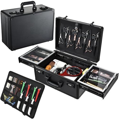 Barber Case 6 Clippers Sliding Tray, Profesional Barbers Briefcase Tool Case, Barber Cases for Clippers and Supplies, Hair Scissors Trimmer Organizer, Salon Hair Grooming Hard Travel Suitcase