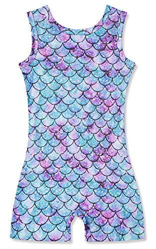 uideazone Leotards for Girls Gymnastics Mermaid Fish Sclae Biketards Kids Dance Unitards with Shorts