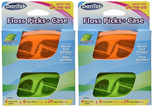 DenTek Floss Picks & Travel Case for On-the-Go, 4 Travel Cases with 6 Floss Picks Each, (Pack of 2)
