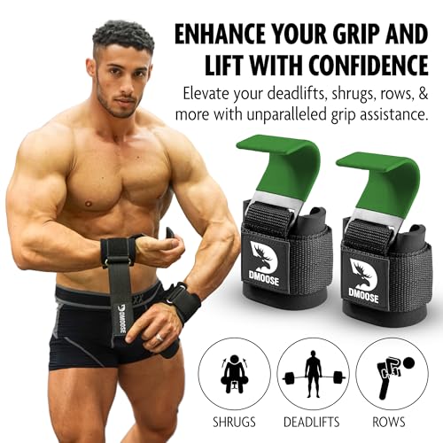 DMoose Weight Lifting Hooks (Pair), Hand Grip Support Wrist Straps for Men and Women, 8 mm Thick Padded Neoprene, Deadlift, Powerlifting, Pull up bar, Liftups, Shrugs (Green (Flat Hook))