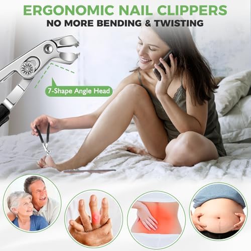 Toenail Clippers for Thick Toenails for Seniors, Angled Head Large Toe Nail Clippers for Men, Heavy Duty Fingernail Clipper with Catcher, Ultra Sharp Big Nail Cutters Set with Long Handle, Wide Jaw