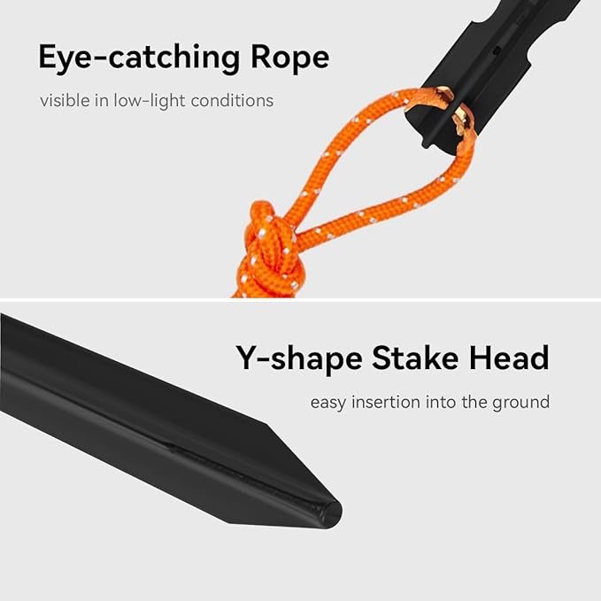 12 Pack Tent Stakes, 7-inch Ultralight Aluminum Ground Pegs with Reflective Pull Ropes, Tri-Beam Stakes in a Carrying Bag, for Camping, Backpacking, Hiking Tent, Hammocks and Canopy (Black)