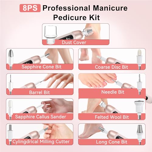 Electric Nail Drill Cordless Nail File Professional Manicure Pedicure Kit, 9 in 1 Hand Foot Rechargeable Care Tool, 10 Speeds Electric Nail File Grinder for Thick Toenail Trim Polish Pink