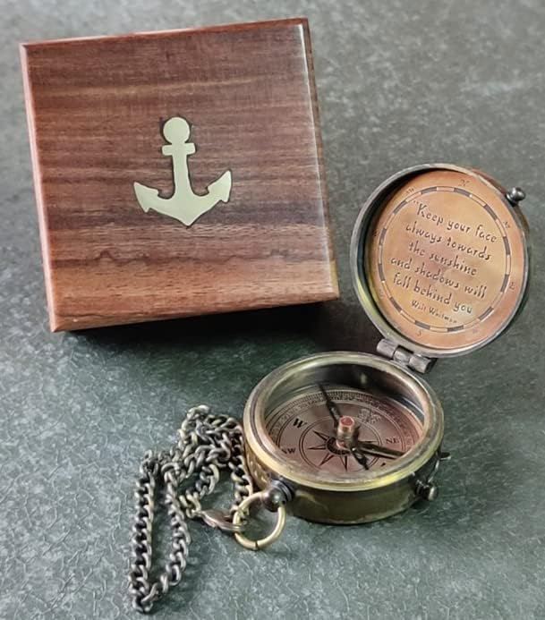 Keep Your Face Always Toward The Sunshine, and Shadows Will Fall Behind You Engraved Compass with ‎Wooden Box, Camping Compass, Graduation Day Gifts for Son, Love, Sister, Husband, Wife, Fiancé.