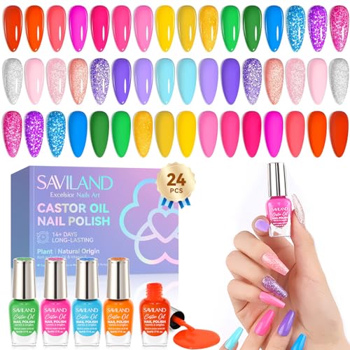 SAVILAND Nail Polish Set Quick-Dry: 24 Trendy Color Regular Nail Polish Kit Neon Glitter Finger Bulk Nail Polish Non Gel Plant-base Castor Oil Vitamin E Toe Nail Lacquer Home Set Women