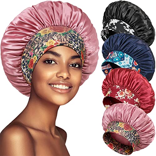 4 Pack Satin Bonnet Silk Bonnet for Sleeping Women, Hair Sleep Bonnets for Women, Wide Soft Band Sleep Cap for Curly Hair Braids