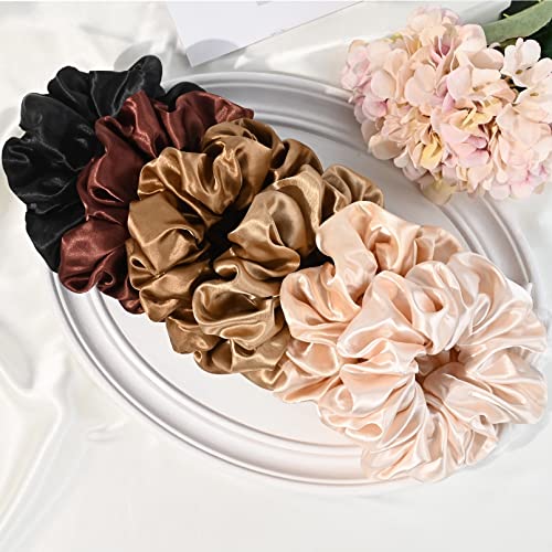 CEELGON Large Silk Satin Scrunchies for Women Big Scrunchies Jumbo Satin Hair Ties Oversized Hair Scrunchies for Thick Curly Hair Pack of 6 (Black,Champagne,Brown,Gold)