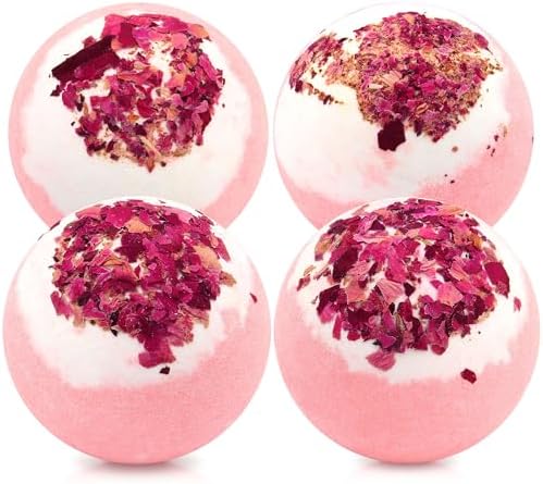 Dried Flower Bath Bombs Salt Balls,4-Pack Gift Set,Rose Extract Essential Oils,Moisturizing Dry Skin,Fizzy Spa,Relaxation,Self Care,Relaxing,Bubble Bath Bomb Gifts Idea for Men Women