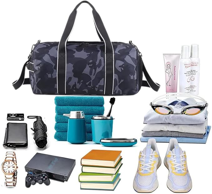 Kids Overnight Duffle Bag Girls Boys Sports Gym Bag with Shoe Compartment Wet Pocket Camouflage travel bag(Grey)